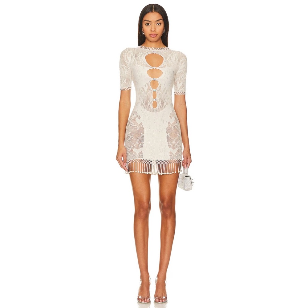 NWOT POSTER GIRL Yemaya Dress Shapewear Fringe Dress in Oyster Cream Bone Pearl